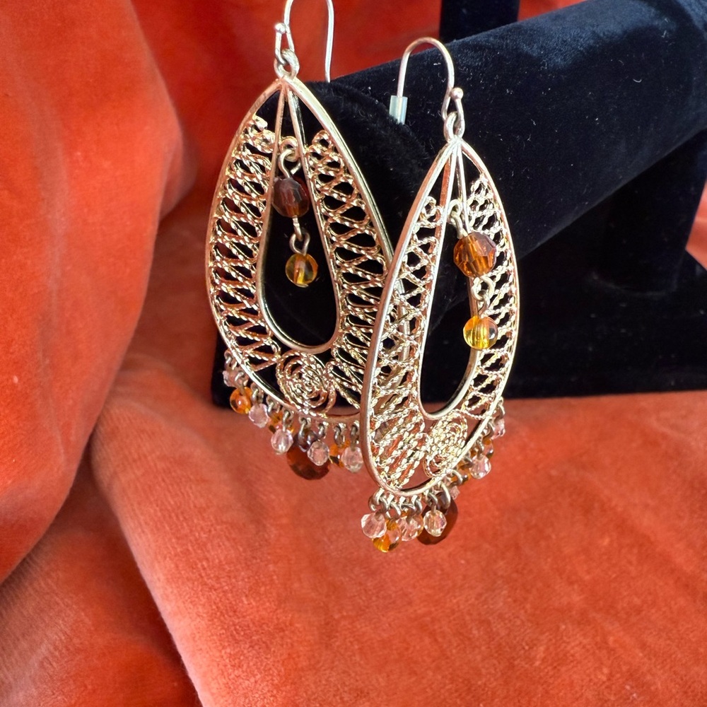 Gold and Brown Filigree Drop Earrings